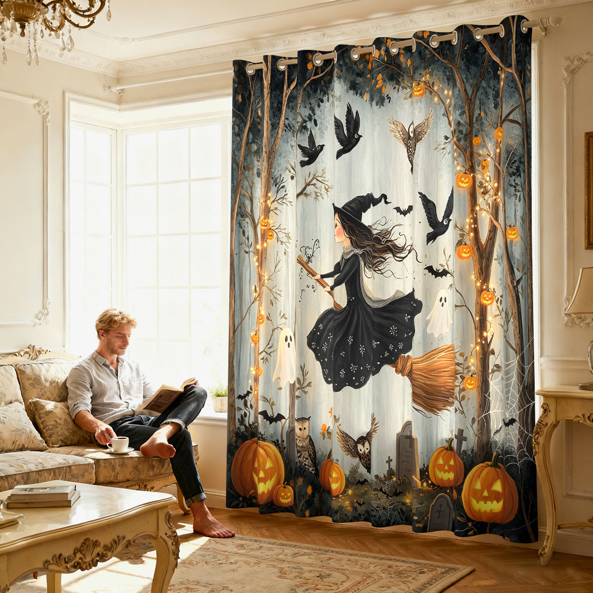 1PC Halloween Witch Pumpkin Gh - Home Decor Curtain ulasan dan harga